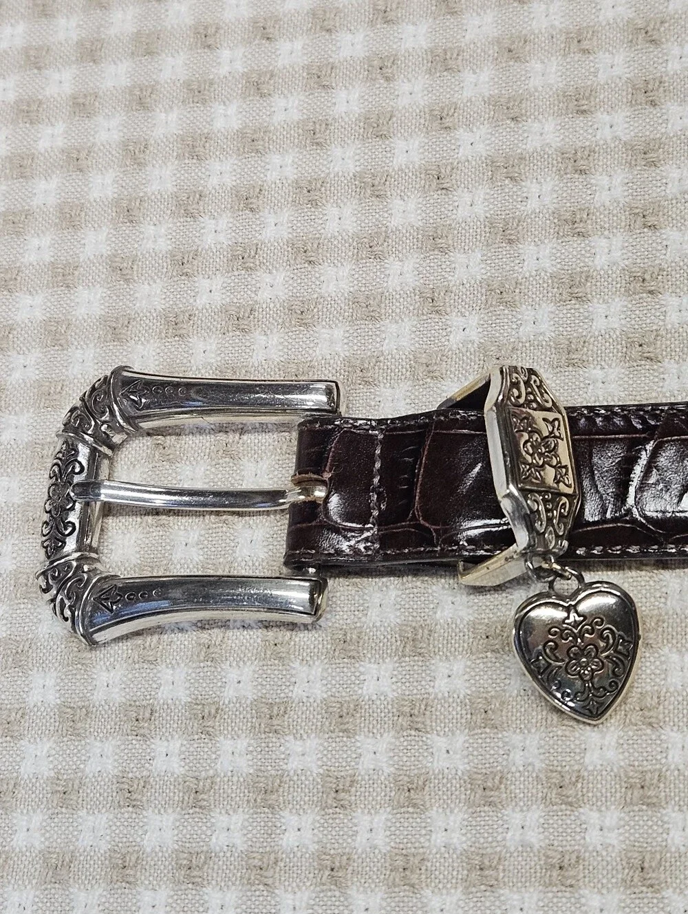 Brighton Dark Brown Croc Embossed Leather Heart Charm Silver Buckle Western Belt